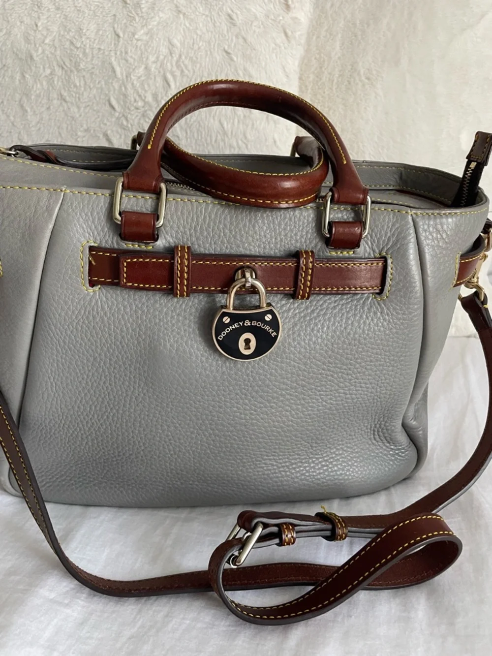 Dooney & Bourke Samba Leather Belted Shopper Satchel Gray Brown Crossbody